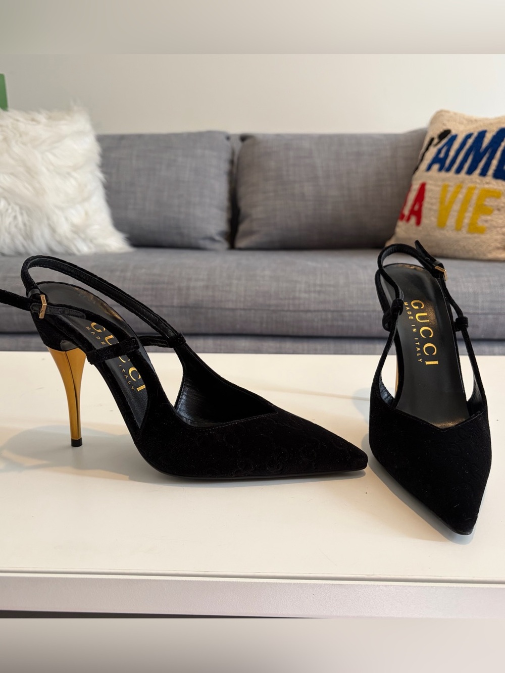 Gucci GG Logo Black Velvet Pointed Slingback Heels with Gold Stiletto